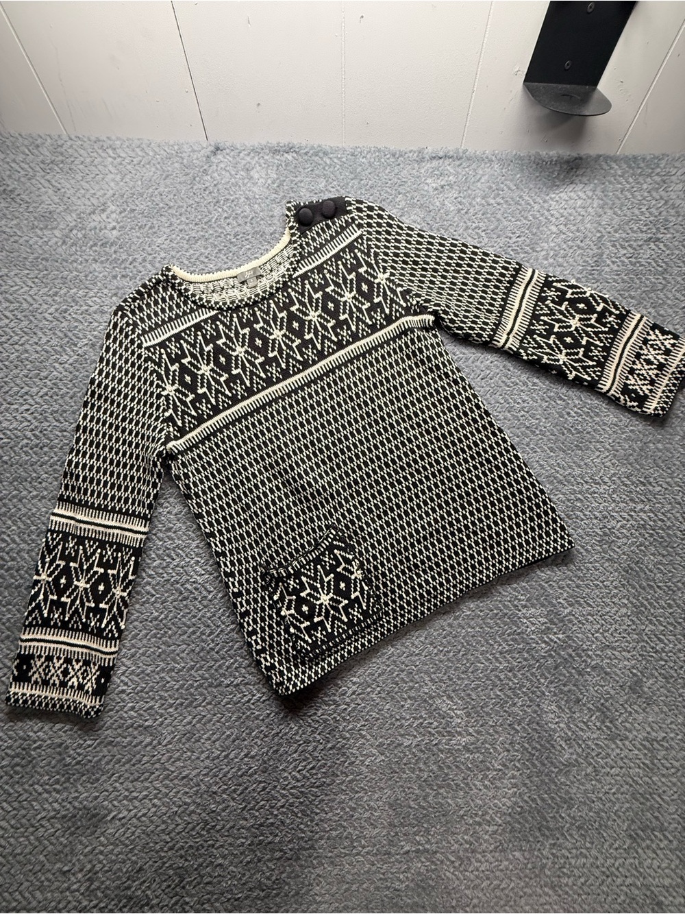 J. Jill Black & Cream Nordic Button-Shoulder Crewneck Sweater